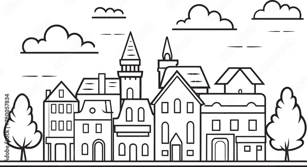 Urban Tranquility: Clean Line Drawing Emblem Skyline Symphony: Simplified Townscape Vector Logo