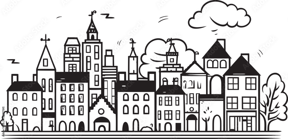 Cityscape Zenith: Basic Line Drawing Logo Design Downtown Delight: Vector Icon of Simplistic Cityscape