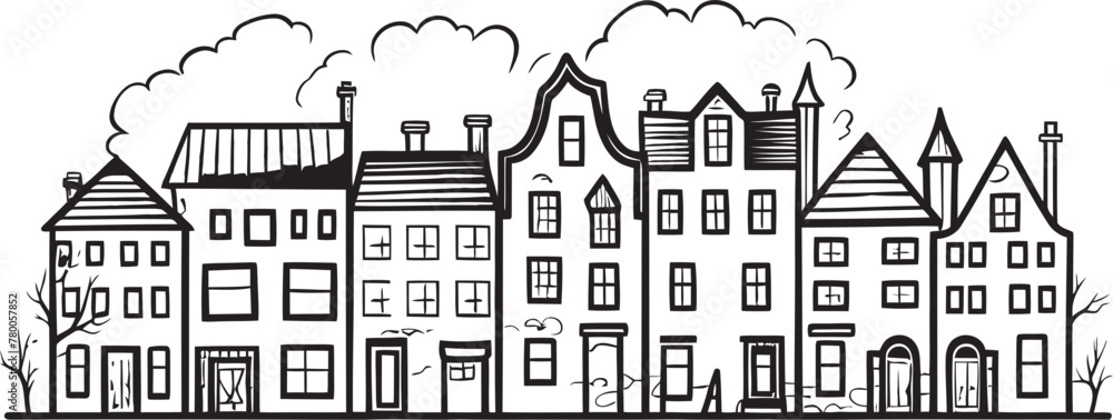 Obraz premium Town Tapestries: Simplistic Line Drawing Logo Architectural Aspects: Vector Icon of Cityscape Outline