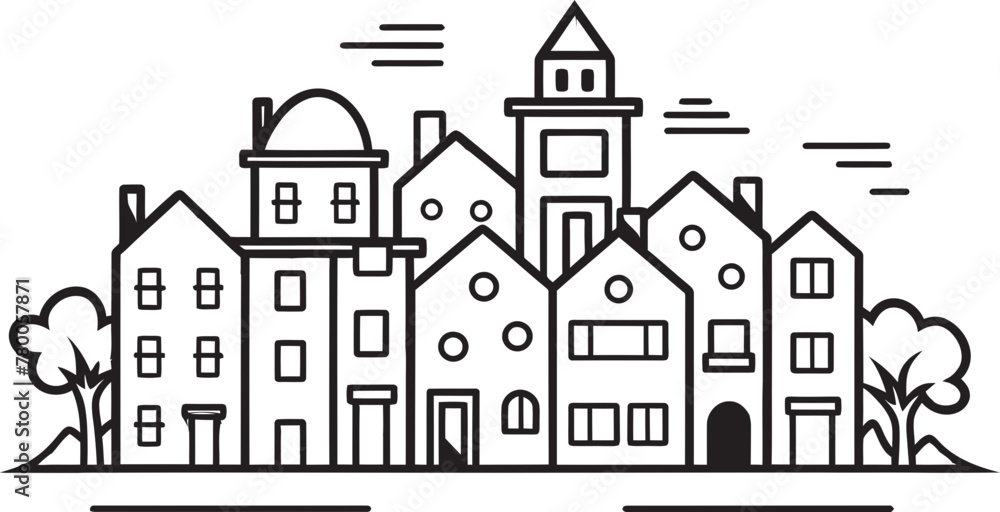 Architectural Aspects: Vector Icon of Cityscape Outline Cityscape Canvas: Simple Townscape Line Drawing Logo