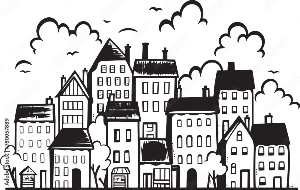 Skyline Sketchbook: Vector Icon Featuring Basic Urban Scene Cityscape Zenith: Minimalistic Townscape Line Drawing Logo