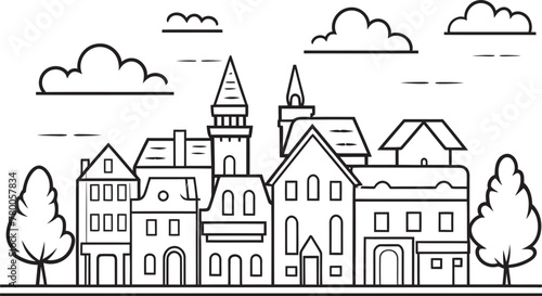 Urban Tranquility: Clean Line Drawing Emblem Skyline Symphony: Simplified Townscape Vector Logo