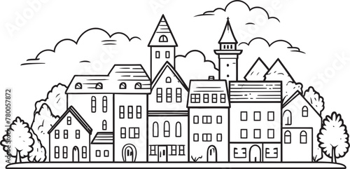 Architectural Essence: Basic Line Drawing Cityscape Icon Downtown Dynamics: Clean Vector Townscape Emblem