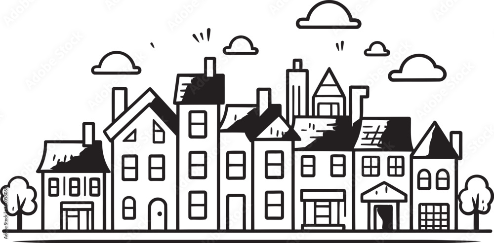 Metropolitan Serenity: Basic Line Drawing Cityscape Emblem Skyline Schematic: Simplified Vector Townscape Icon