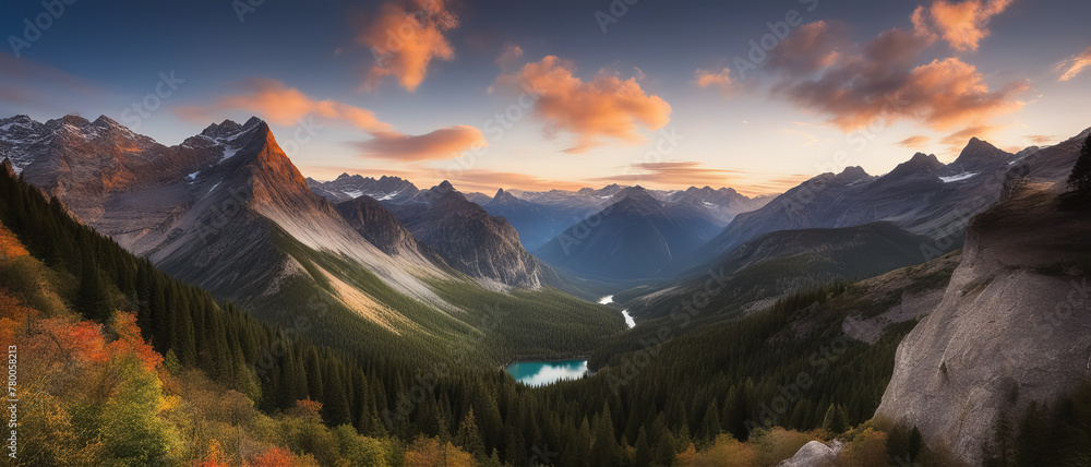 Sunset in the mountains. River and dense forest under the clouds