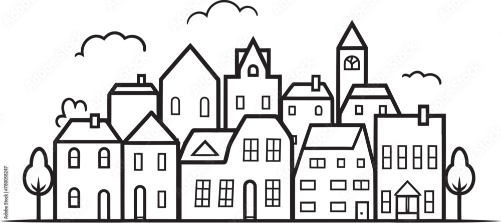 Architectural Abstraction: Clean Line Drawing Logo Design Cityscape Canvas: Vector Icon of Simple Townscape