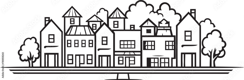 Downtown Delight: Minimalistic Urban Landscape Vector Logo Urban Essence: Basic Line Drawing Townscape Icon