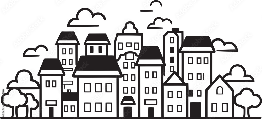 Skyline Silhouette: Vector Icon of Minimalist Townscape Cityscape Harmony: Simplified Urban Landscape Vector Graphics