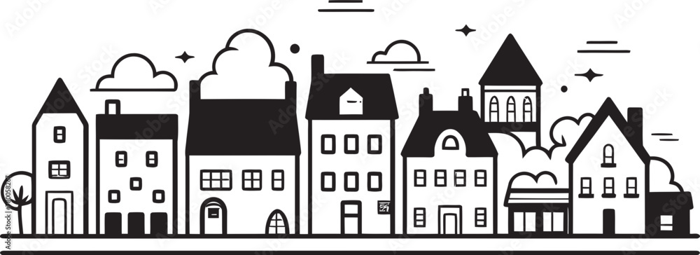 Metropolitan Mirage: Clean Line Drawing Icon Design Skyline Silhouette: Vector Icon of Minimalist Townscape