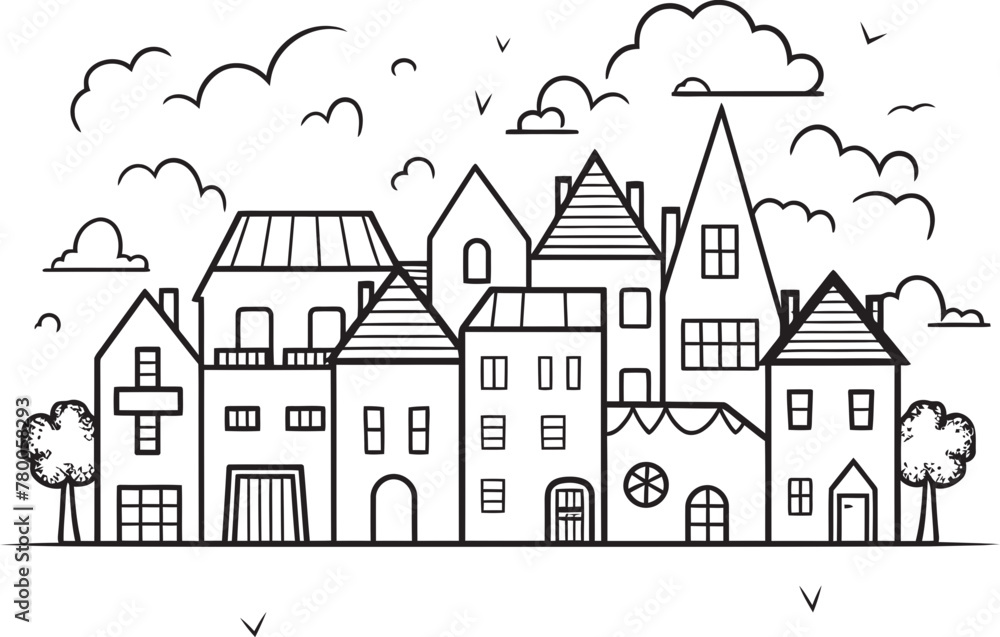 Cityscape Zenith: Minimalistic Townscape Line Drawing Logo Metropolitan Serenity: Clean Line Drawing Cityscape Icon