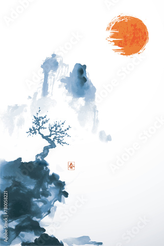 Blue mountain landscape with a lone blooming tree on the edge of a cliff and big red sun. Traditional oriental ink painting sumi-e, u-sin, go- hua. Hieroglyph - faith