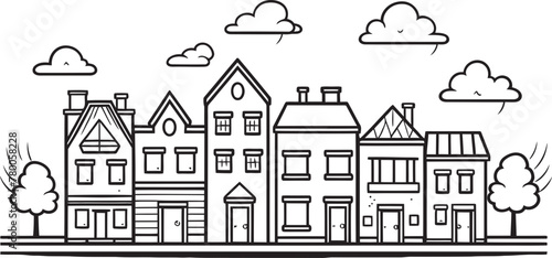 Urban Tranquility: Clean Line Drawing Emblem Skyline Symphony: Simplified Townscape Vector Logo