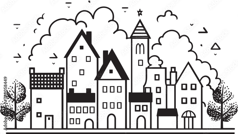 Cityscape Cadence: Vector Icon of Urban Landscape Townscape Tones: Simplistic Line Drawing Logo Design