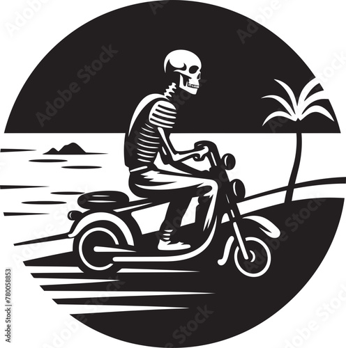 Sandy Skeletal Scooter: Vector Riding Emblem Skull Soundwave: Vector Logo Design with Headphones