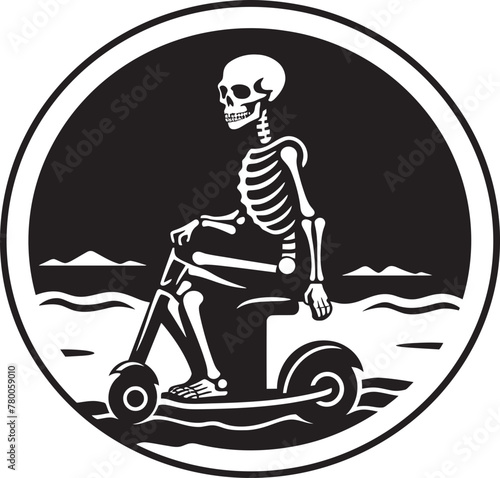 Beach Biker Bones: Beach Scooter Emblem Coastal Cruiser Corpses: Skeleton Riding Scooter Icon Design