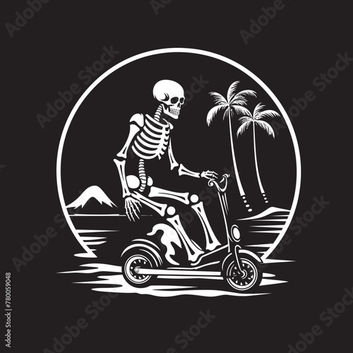 Beach Biker Bones: Skeleton Riding Scooter Emblem Skele-Scoot Sands: Vector Skeleton on Beach Scooter