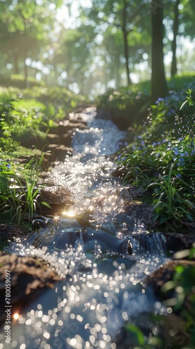 Stream Flowing Through Lush Green Forest