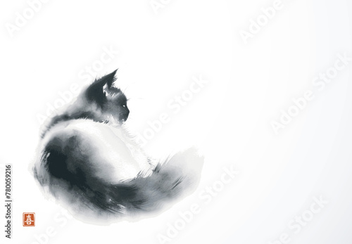 Ink painting of fluffy cat. Traditional Japanese ink wash painting sumi-e. Hieroglyph - joy © elinacious