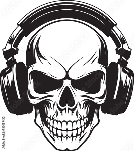 Skull Serenade: Logo Featuring Skeleton Listening to Music Bone Rhythms: Vector Icon with Musical Skeleton