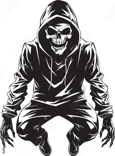 SkeleStreet: Hoodie-Clad Skeleton Icon Streetwise Skele: Urban Hoodie Skeleton Vector Logo