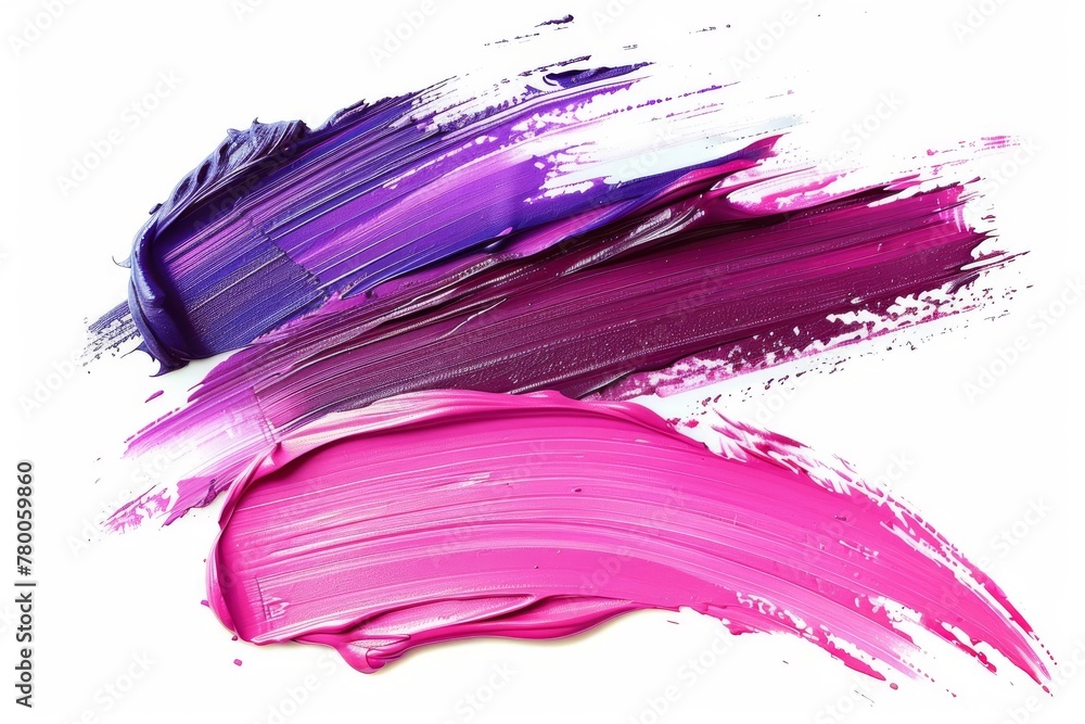A vibrant pink and purple oil paint stroke isolated on a white background. Lipstick color swatches in the style of brush strokes isolated on a white background, featuring pink and red colors