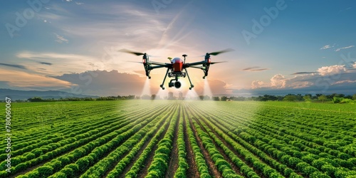 High-tech drone spraying crops in the early morning light, a modern farm scene