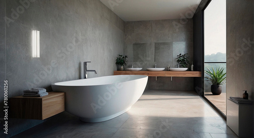 Luxury bathroom with black marble floor and white marble wall 3d render The room has a clear glass shower partition There are large windows natural light shining into the room.