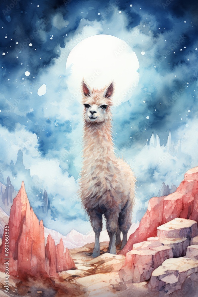 Fototapeta premium A watercolor painting depicting a llama standing proudly on a rocky cliff, with the moon shining in the background. The llamas fur is detailed, and the rocky terrain adds depth to the piece