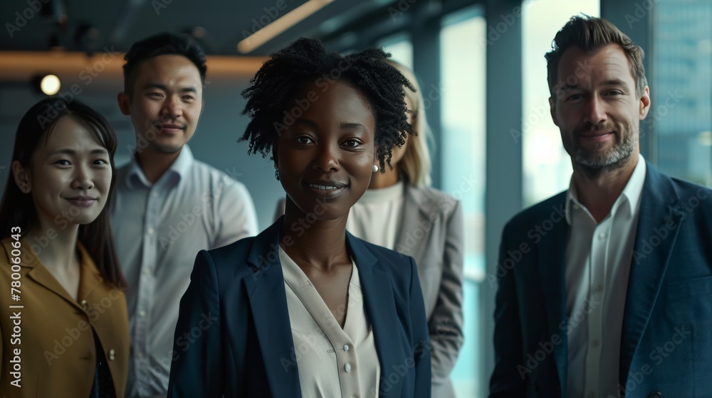 Diverse group of business people team standing in an office, smiling and looking at the camera with arms crossed. A man posing as the leader is in the center posing for a portrait Diverse group of business people team standing in an office, smiling and looking at the camera with arms crossed. A man posing as the leader is in the center posing for a portrait