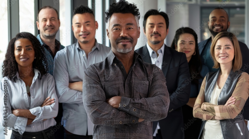 Diverse group of business people team standing in an office, smiling and looking at the camera with arms crossed. A man posing as the leader is in the center posing for a portrait Diverse group of business people team standing in an office, smiling and looking at the camera with arms crossed. A man posing as the leader is in the center posing for a portrait