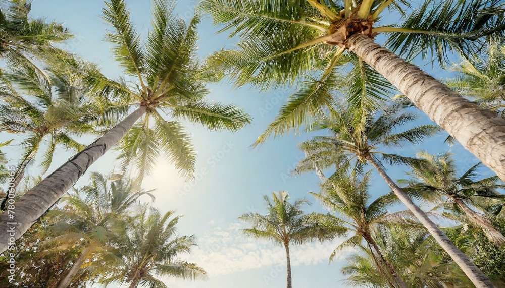 Nostalgic Nook: Retro View of Palm Trees Against Blue Canopy Nostalgic Nook: Retro View of Palm Trees Against Blue Canopy