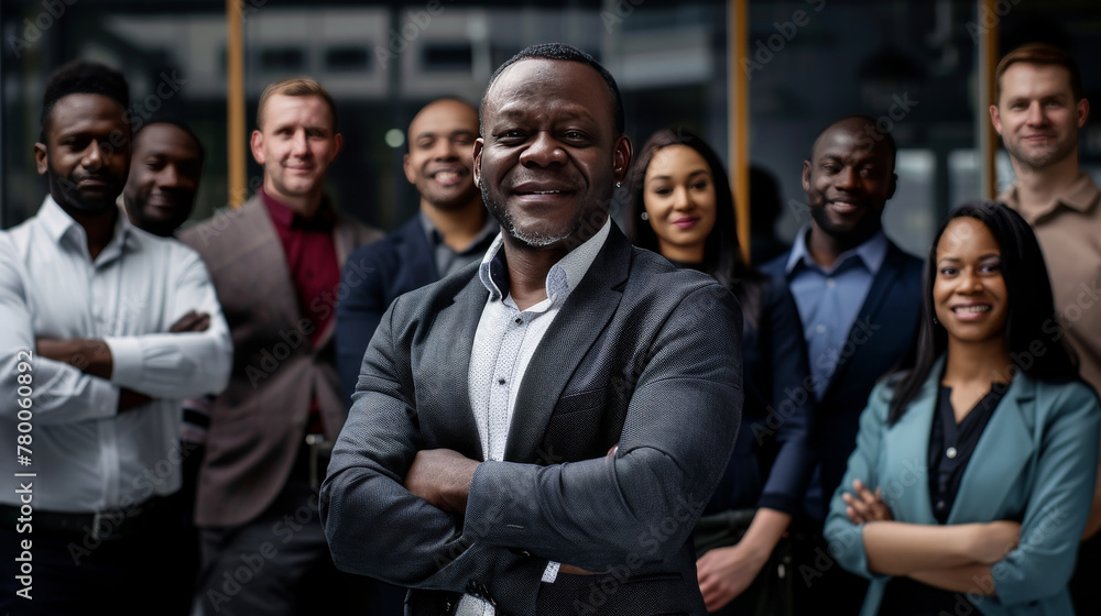 Diverse group of business people team standing in an office, smiling and looking at the camera with arms crossed. A man posing as the leader is in the center posing for a portrait Diverse group of business people team standing in an office, smiling and looking at the camera with arms crossed. A man posing as the leader is in the center posing for a portrait