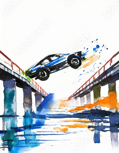 watercolor drawing of a sports car flying between two bridges. Vector illustration for t-shirt design