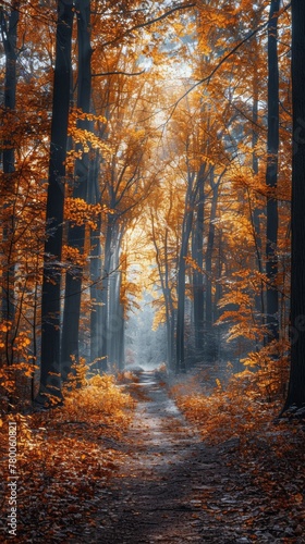 Pathway Through Forest Covered in Leaves