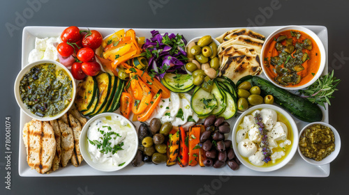 Colorful array of bulgarian delights, featuring fresh veggies, dips, and grilled bread