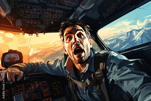 A pilot's terror-stricken face as they realize their plane is losing altitude due to engine failure