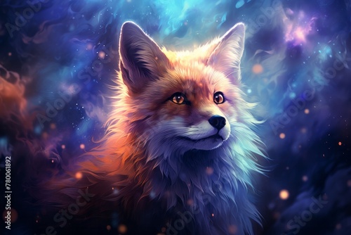 A close up of a fox with bright eyes set against a dark background resembling a nebula, capturing the animals features in detail