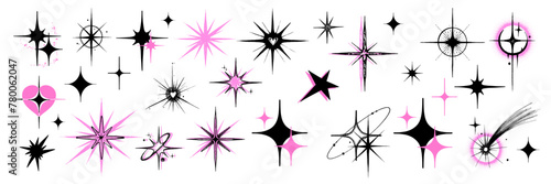 Doodle star icon vector set, cute cosmic magic sketch element, shiny y2k sticker print collection. Shiny stardust celestial scribble, simple abstract girly decoration kit. Doodle star night symbol photo