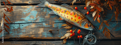 fishing fish shiny wobblers on a wooden background photo
