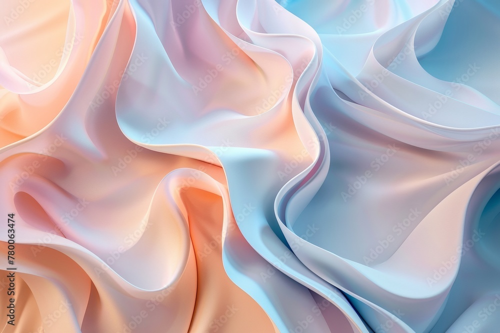 Obraz premium Abstract background with wavy pastel shapes, light blue and peach colors, elegant cloth texture