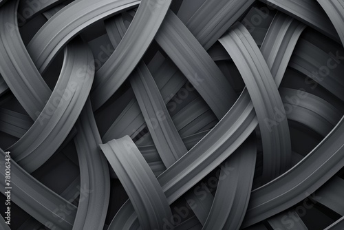 Dark gray background with interwoven ribbons of metal, creating an abstract and dynamic pattern that symbolizes the complexity and interconnectedness