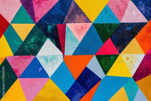 Vibrant and colorful abstract painting featuring an array of triangles in different sizes and colors