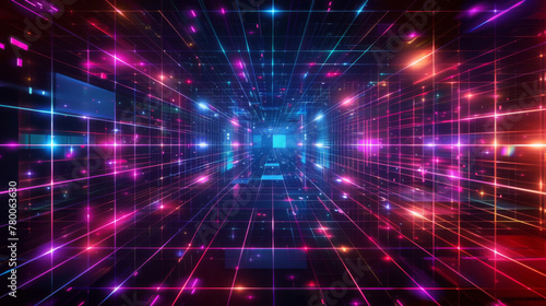 Vibrant abstract neon tunnel with a futuristic digital grid