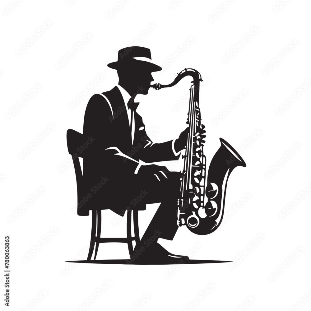 Naklejka premium Harmonious Elegance: Refined Saxophone Silhouette, Exquisitely Captured in Illustration and Vector, Saxophone Illustration - Minimallest Saxophone Vector 