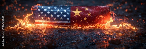 Symbolic clash: USA versus China flag engulfed in flames photo