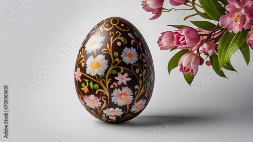 Easter Egg in ornaments on a light background with flowers. Congratulations and gifts for Easter
