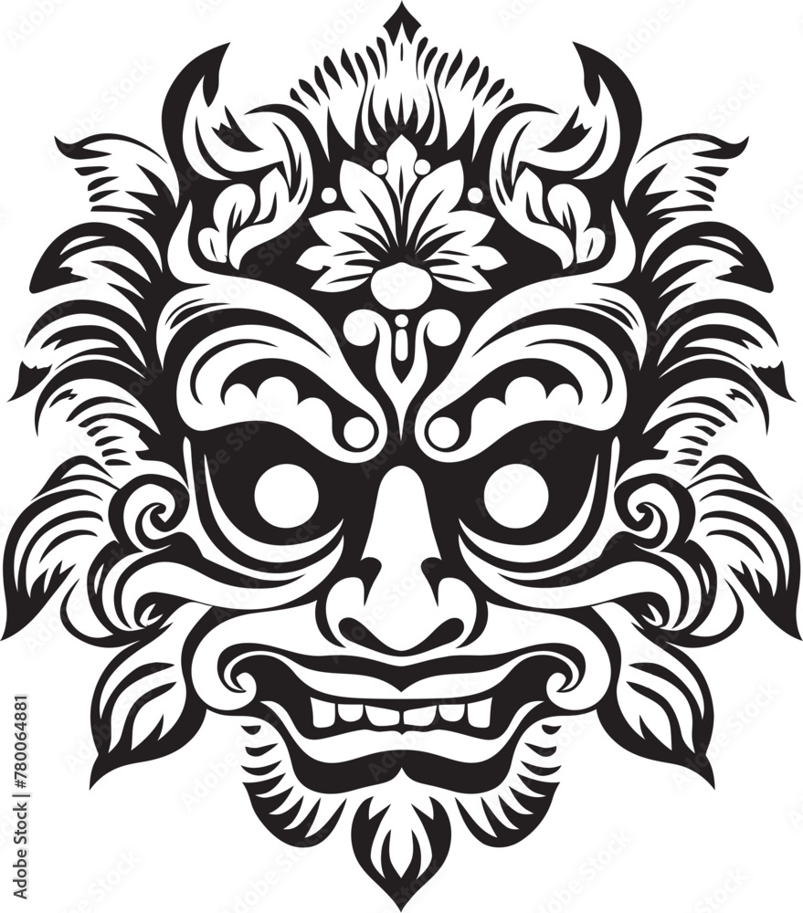 Cultural Artifact: Traditional Balinese Mask Icon Sacred Symmetry: Bali Mask Vector Logo Design