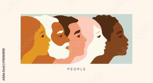 Various faces. Characters in a row. Abstract people portraits. View from side. Collage of different profiles. Flat colored trendy Vector illustration. Poster, print or banner template