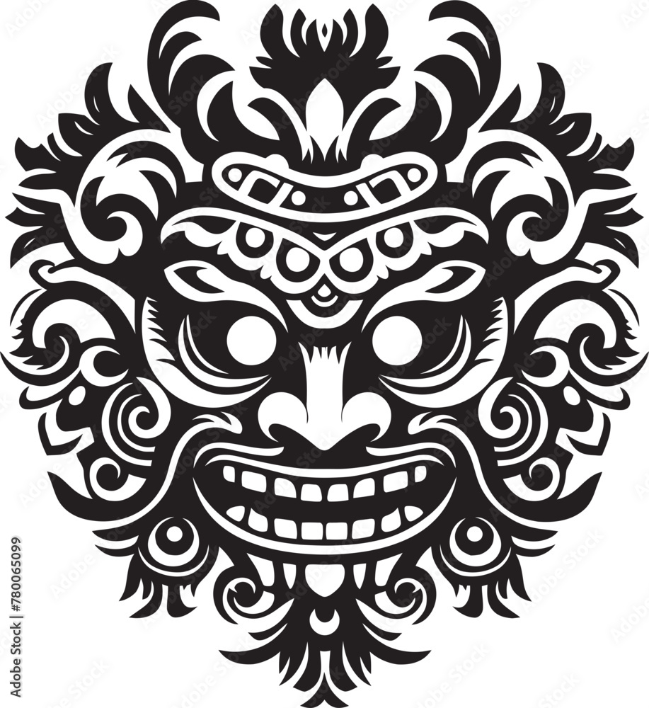 Tribal Tradition: Traditional Balinese Mask Emblem Enigmatic Elements: Vector Bali Mask Icon Design