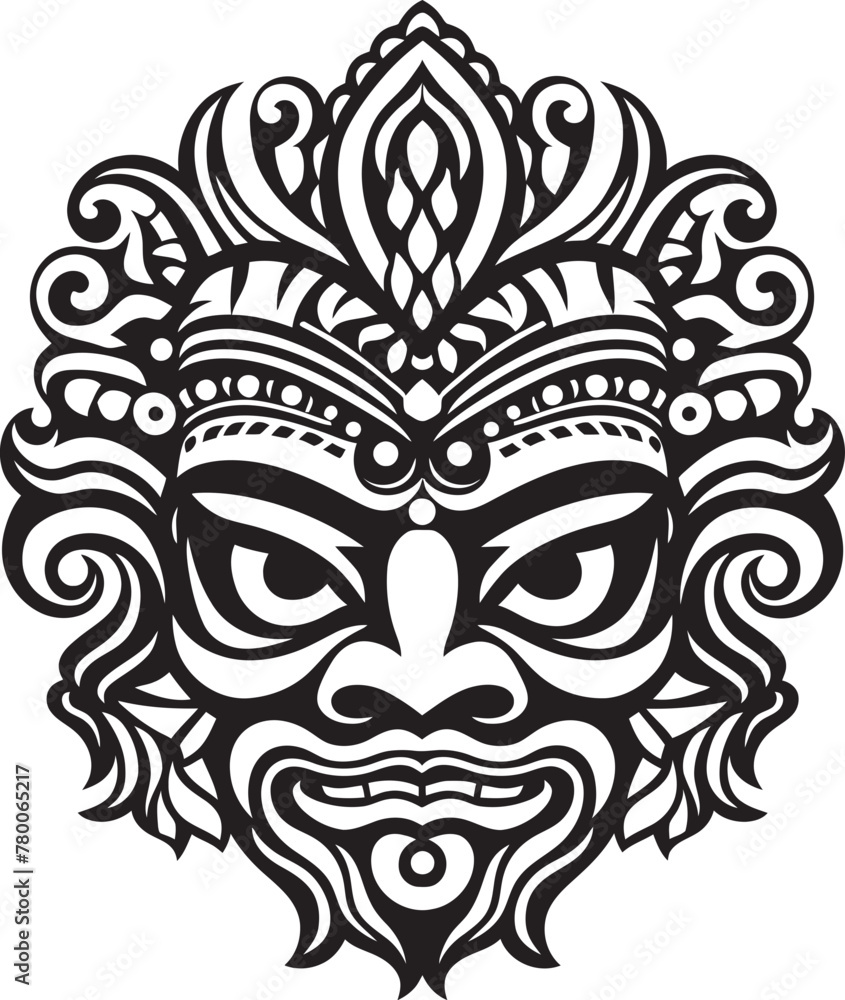 Island Magic: Vector Bali Mask Icon Design Cultural Carvings: Traditional Mask Emblem Graphics